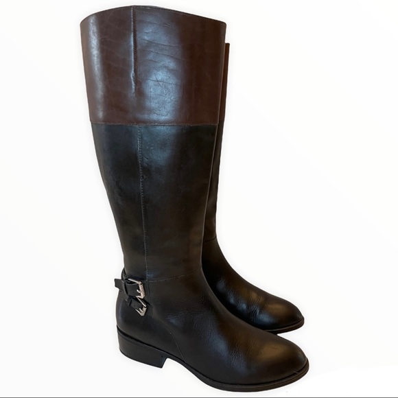 RALPH LAUREN Marba Riding Boots Knee High Boots Black & Brown Burnished Leather - Picture 2 of 10